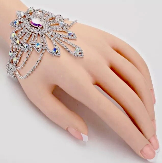 Aurora Borealis Bracelet Chain Cuff Clear Silver Ab Crystal Rhinestone Bridal gallery