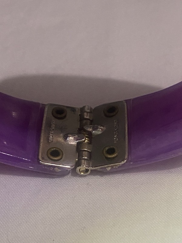 Vintage Lucite Bangle Bracelet Purple Gold Hinged Clamper Made in Hong Kong gallery
