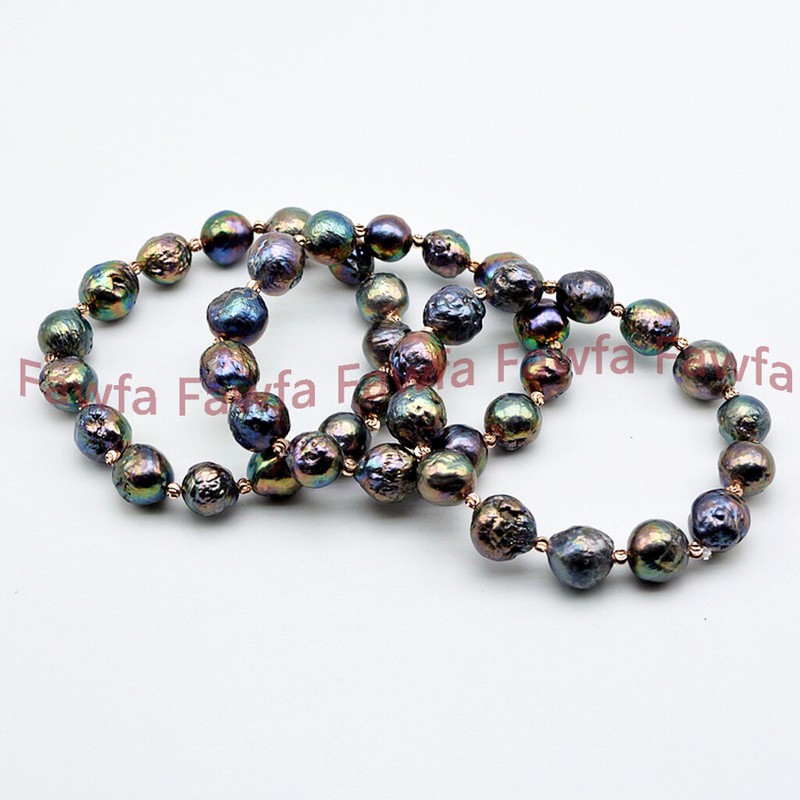 11-12mm Real Natural Tahitian Peacock Black Baroque Edison Pearl Bracelet 7.5'' gallery