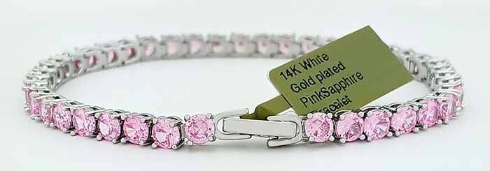 LAB CREATED 14.70 Cts PINK SAPPHIRE TENNIS BRACELET 14K WHITE GOLD PLATED - NWT gallery