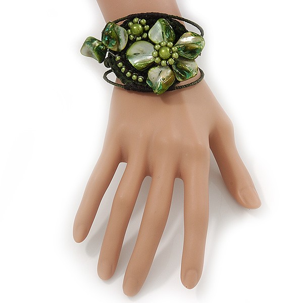 Romantic Shell Bead Flower Wired Flex Bracelet in Olive/ Green - Adjustable gallery