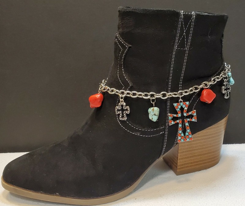 My Style-Adjustable Silver with red and turquoise beads and cross boot charm gallery