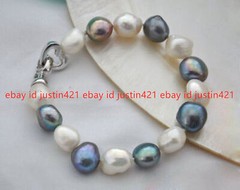 Natural 7-8/8-9/9-10mm White Black Freshwater Baroque Pearl Bracelet 7.5″