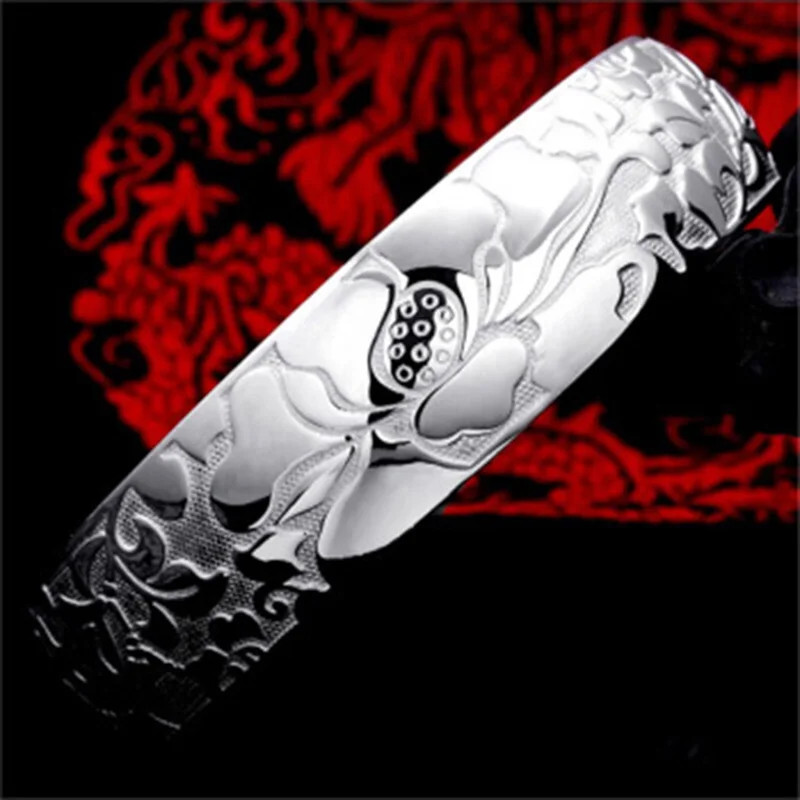 Women's 925 Sterling Silver Lotus Bracelets Open Bangles Luxury Wedding Jewelry gallery