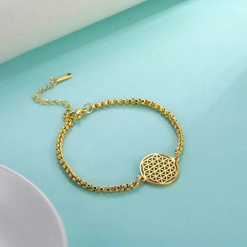 Flower of Life Ankle Bracelet Gold PVD 316L Stainless Steel Sacred Geometry gallery
