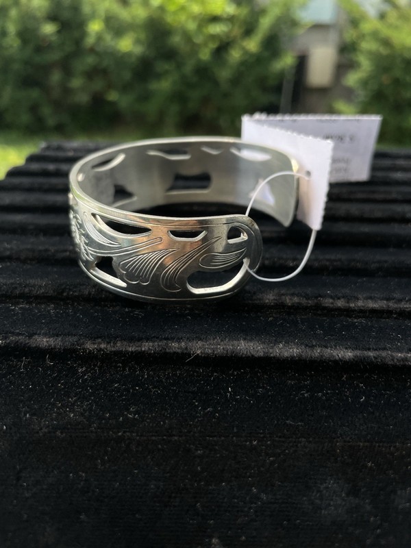 Kirk and Sons Pewter Floral Cutout Engraved Wide Cuff Bracelet Signed gallery