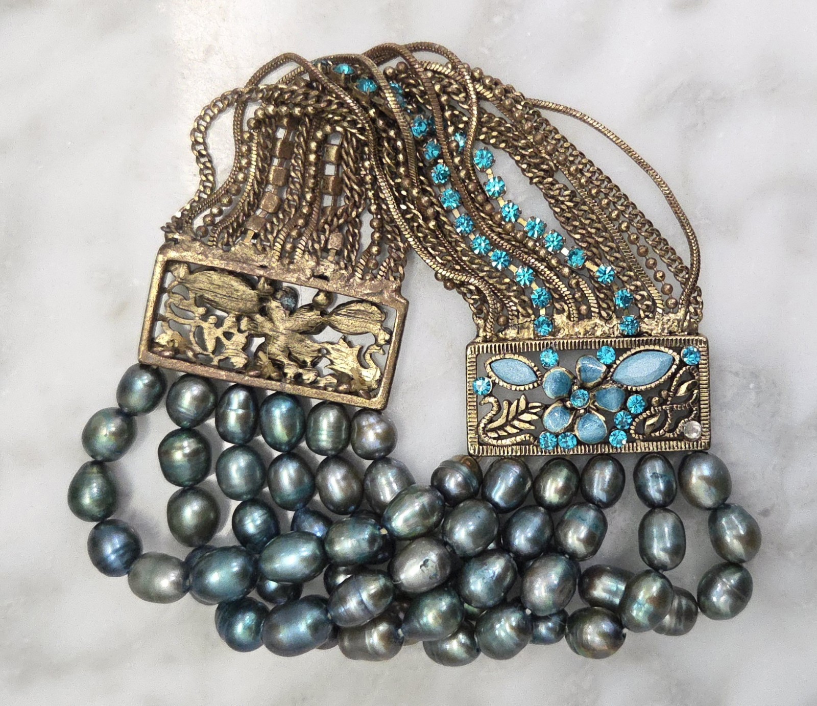 Artisan Freshwater Pearl Multi Strand Cuff Bracelet Blue Rhinestone Boho gallery