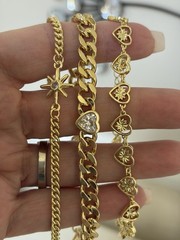 Lot of 3 Gold Tone Curb Link Chain Bracelets Heart Dangle Clear Crystal