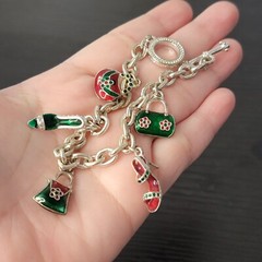 Handbags & High Heel Shoes Charm Bracelet, Silver Tone with red & green enamel