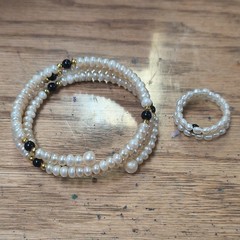 Handmade Pearl Beaded Wrap Bracelet and Ring Set, White Black Gold Stackable