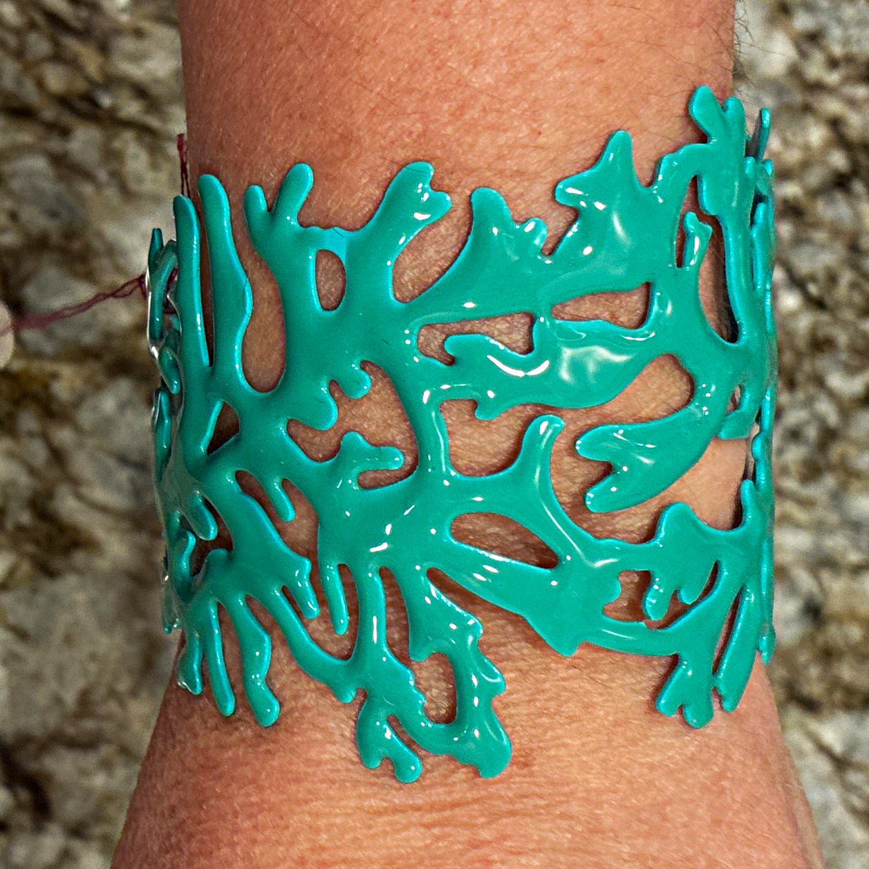 Turquoise Coral Reef Branch Cutout Metal Open Cuff Bracelet Stackable Nature gallery