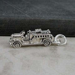 Silver Fire Engine Charm – 3D Fire Truck Charm – Firefighter Charm Jewelry