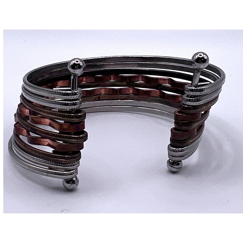 Multi Strand Cuff Bracelet Silver & Copper Tone Mixed Metal Modern Design gallery