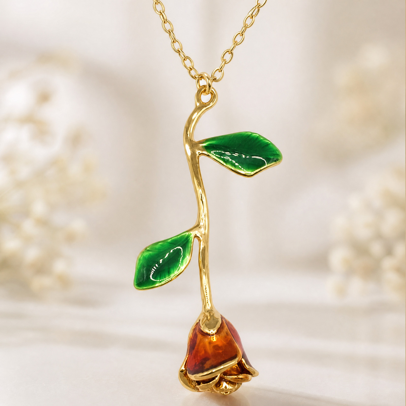 Rose Necklace Enamel Rose Flower Pendant Dainty Long Stem Rose Necklace gallery