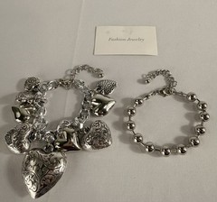 Silver Tone Adjustable Heart Dangle Charm Beaded Chain Bracelet Set