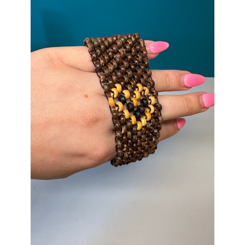Handmade Wood Bead Stretch Cuff Bracelet Brown Heart Motif Wide Boho gallery
