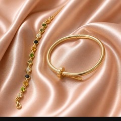 Lot 2 pcs Gold Tone Bangle Bracelet & Multicolor Crystal Bezel Chain Bracelet