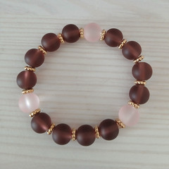 Brown and Pink Frosted Glass Beaded Bracelet Round Beads