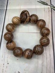Palmwood, High Grade, TW38g 20mm Beads, 7” Stretch Bracelet, Carved Accent