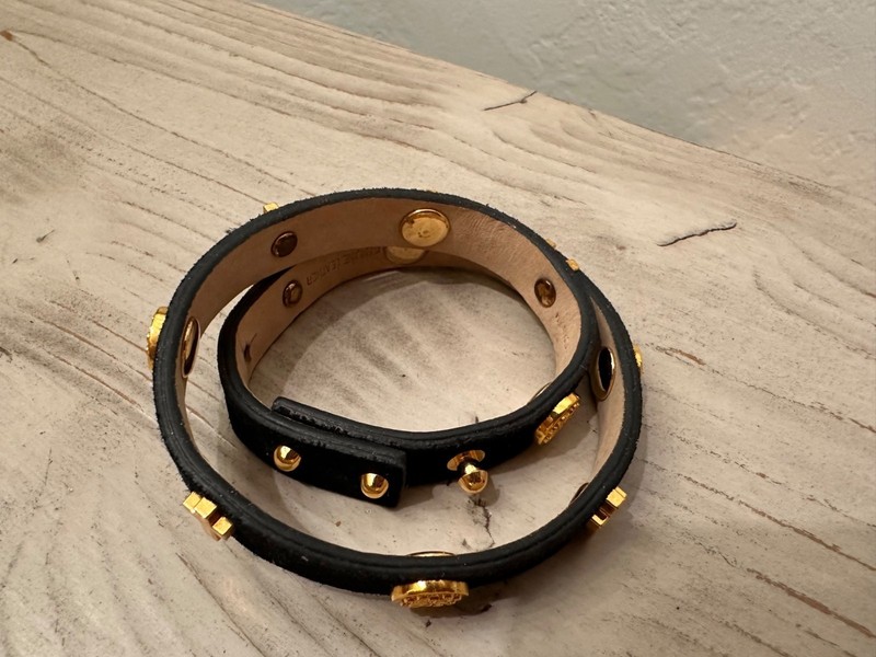 Rustic Cuff Thin Black Wrap Bracelet Gold Charm and Cross Accents gallery
