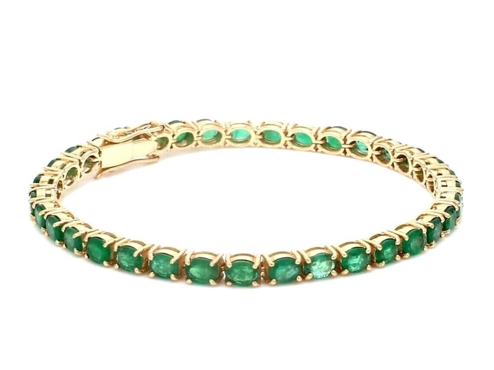 14K Yellow Gold Plated Oval Lab-Created Green Emerald Women's Tennis Bracelet