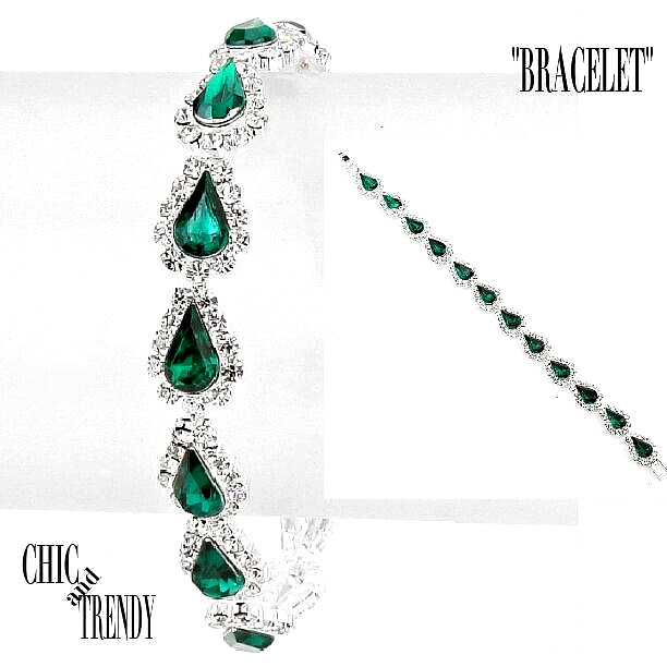 TEARDROP GREEN CLEAR CRYSTAL BRACELET, FORMAL WEDDING PROM FASHION JEWELRY gallery