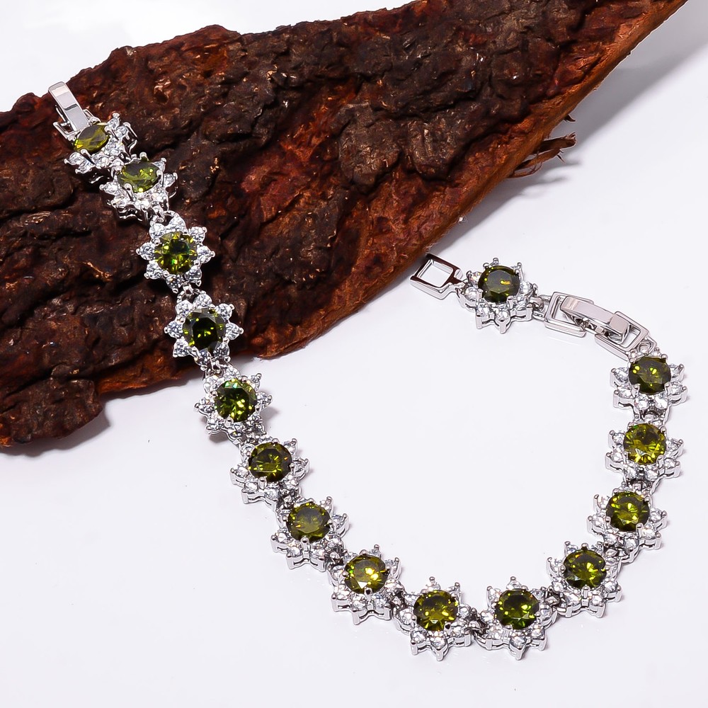 Green Tourmaline, CZ 925 Sterling Silver Adjustable Bracelet 7-8" B127929