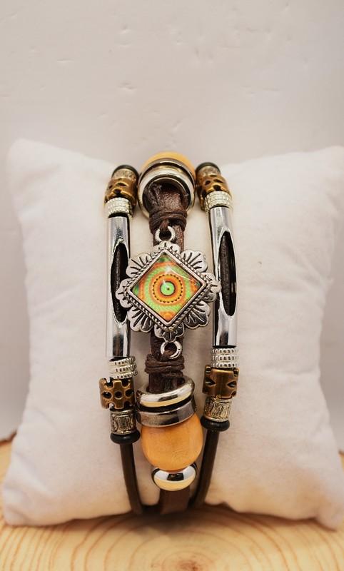 1pc Men's/Women's Painted glass Beaded Leather Bracelet Stainless Steel Buckle gallery