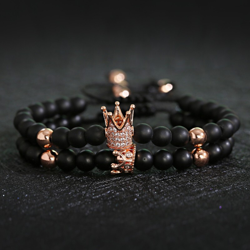 Luxury Moonstone Beaded Couple King Queen Crown CZ Pave Bead Bracelets Set gallery