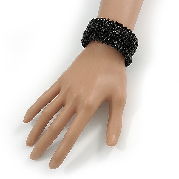 Trendy Black Glass Bead Flex Cuff Bracelet - Adjustable gallery