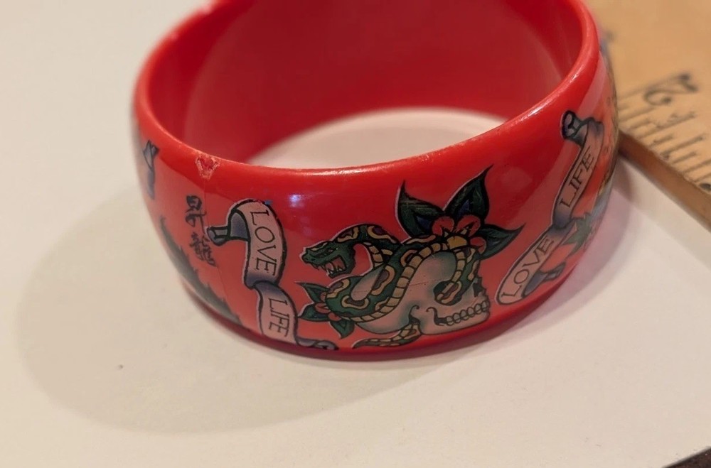 Y2K Tattoo Style Red Bangle Bracelet Dragon Skull Love Life Resin Ed Hardy