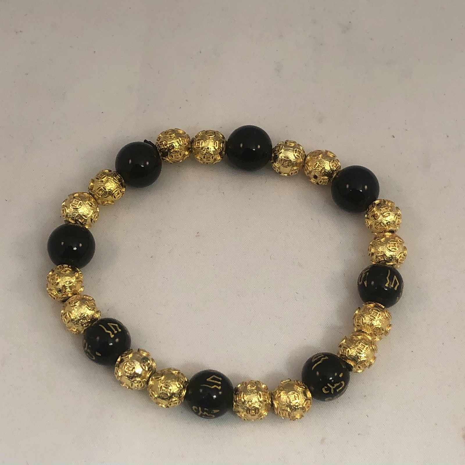 Gold Tone Black Bead Stretch Bracelet Filigree Engraved Script New with Gift Box gallery