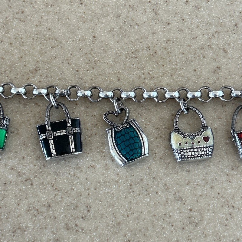 Brighton Jewelry Vintage Charm Bracelet Purse Charms Silver Plate Enamel gallery