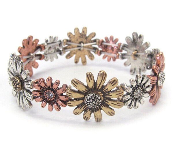Two-Tone Flower Stretch Bangle Bracelet Silver/Copper