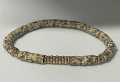 Camo Multicolor Polymer Clay Heishi Disc Stretch Bracelet w/ Textured Gold B.