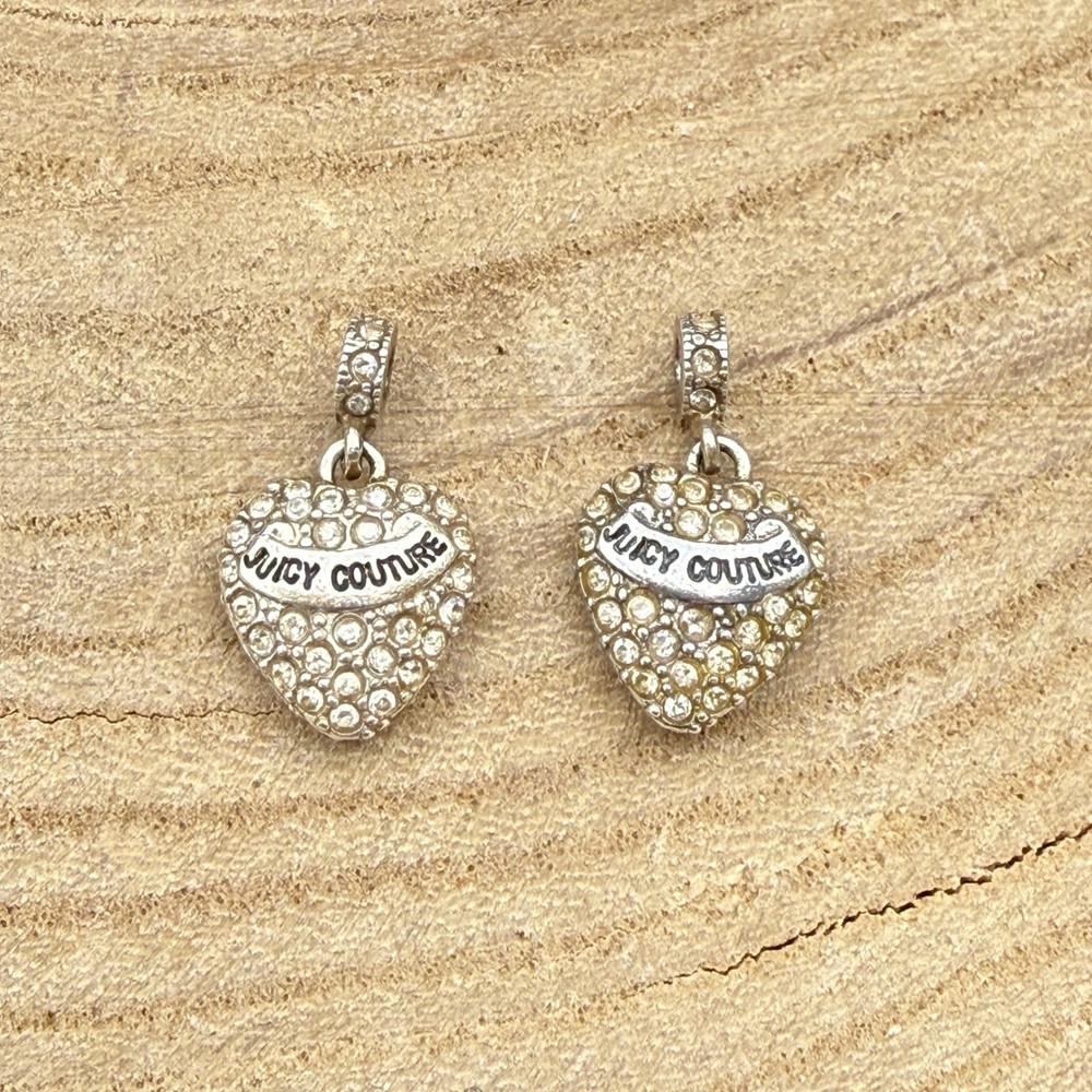 Juicy Couture Silver Tone Rhinestone Pave Heart Charms Pendants Set of 2