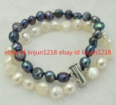 Fashion 7-8mm 8-9mm 9-10mm Black+White Baroque Pearl Bracelet Bangle 7.5”