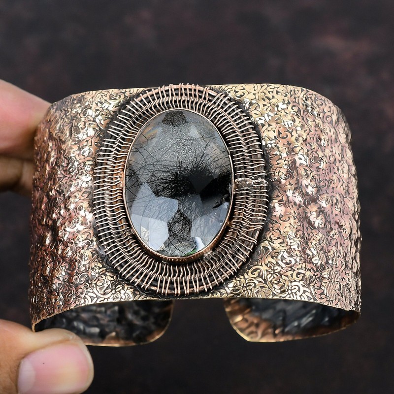 Valentines Sale Natural Black Rutile Copper Wire Wrapped Daughter Bangle Jewelry gallery