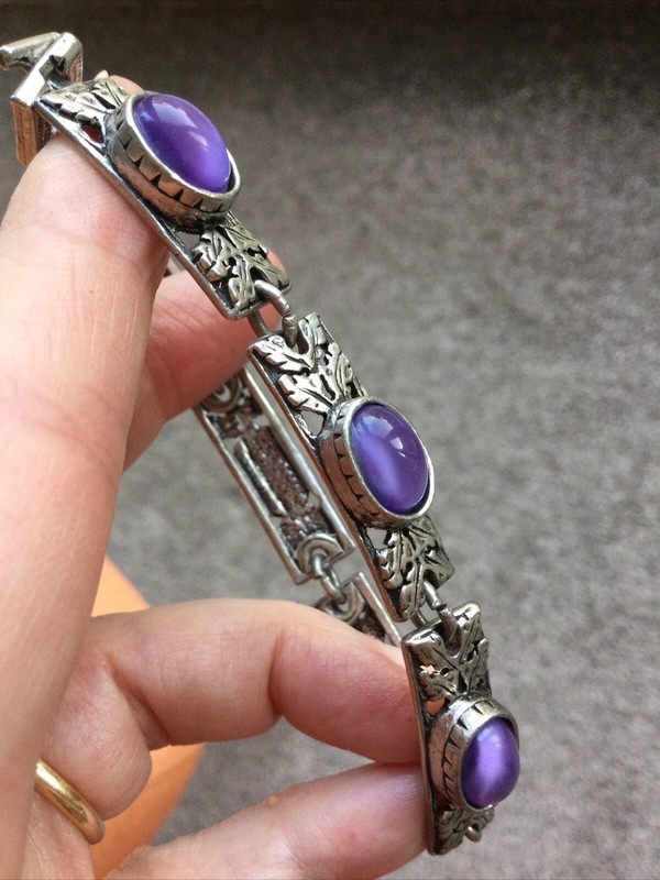 Vintage Miracle Bracelet, Scottish Celtic Purple Moonstone styled Glass signed gallery