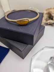 Gold Tone Bangle Bracelet, Bezel Set Tigers Eye Oval Cabochon Stone, 1 Stone