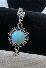 Vtg Faux Turquoise Bracelet Fashion Jewelry 7-9″ Metal Rosebuds EUC