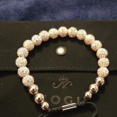JOCII Silver Tone Round Beaded Bracelet White Crystal Pavé Adjustable Drawstring