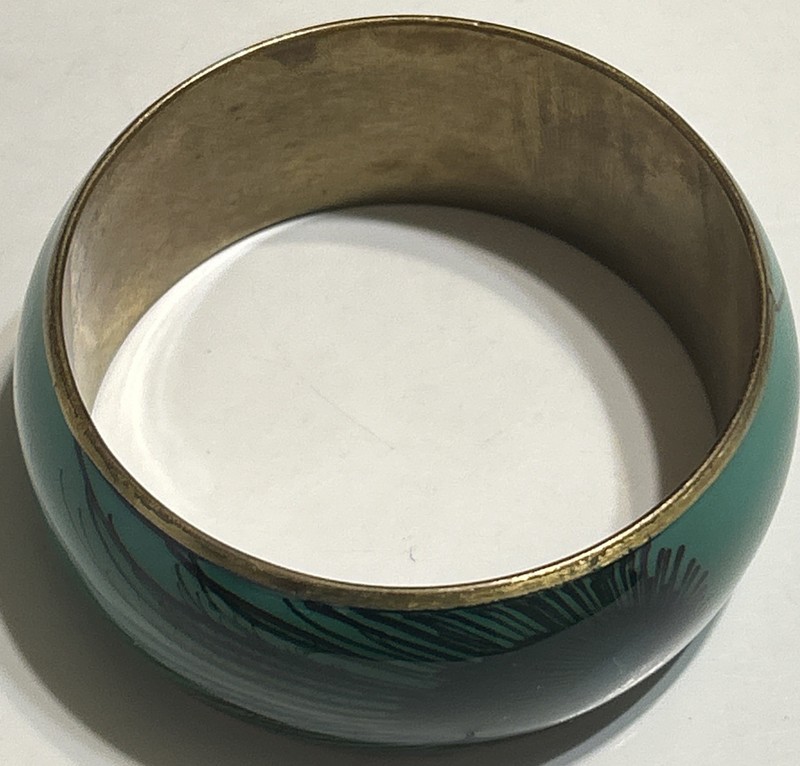 American Eagle Bangle Bracelet Chunky Peacock Feather Blue Brass Boho SZ 7 1/2-8 gallery
