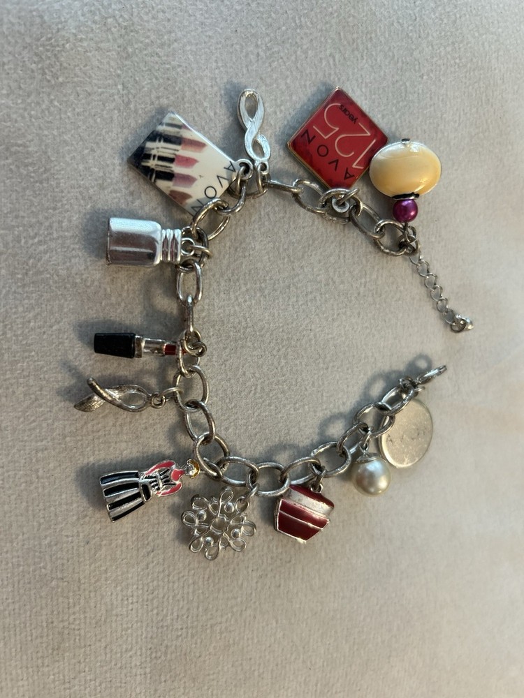 Avon Signed Adjustable Silver Tone Enamel Dangle Charm Chain Bracelet Red