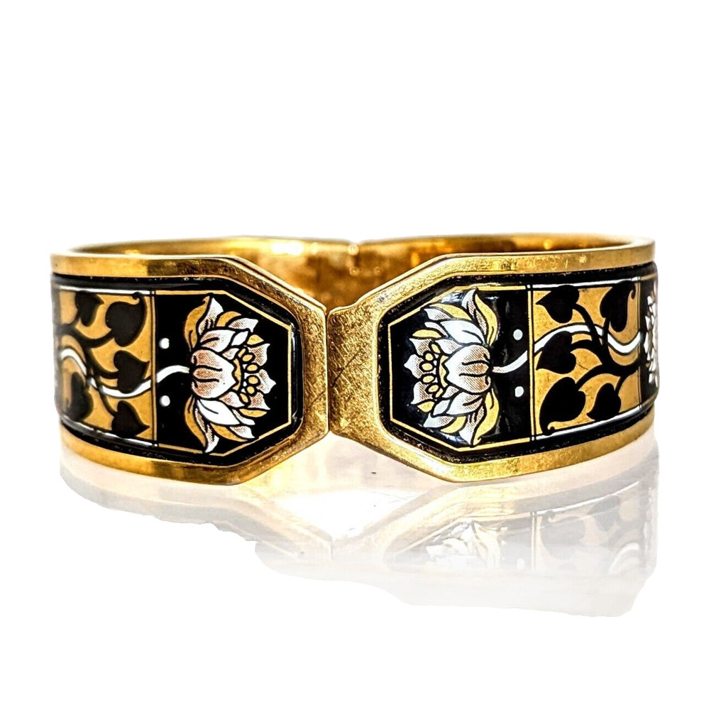 Michaela Frey Wien Bangle Enamel Bracelet Lotus 24K Gold Plate 3/4"x7"