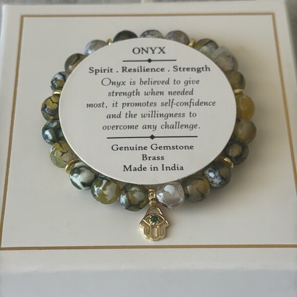 Shivam Onyx Green Gemstone Stretch Bracelet with Brass Hamsa Accent India NEWW gallery