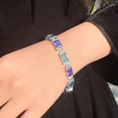 Silver Plated Purple Blue Cubic Zirconia Square Charms Link Bracelet for Brides
