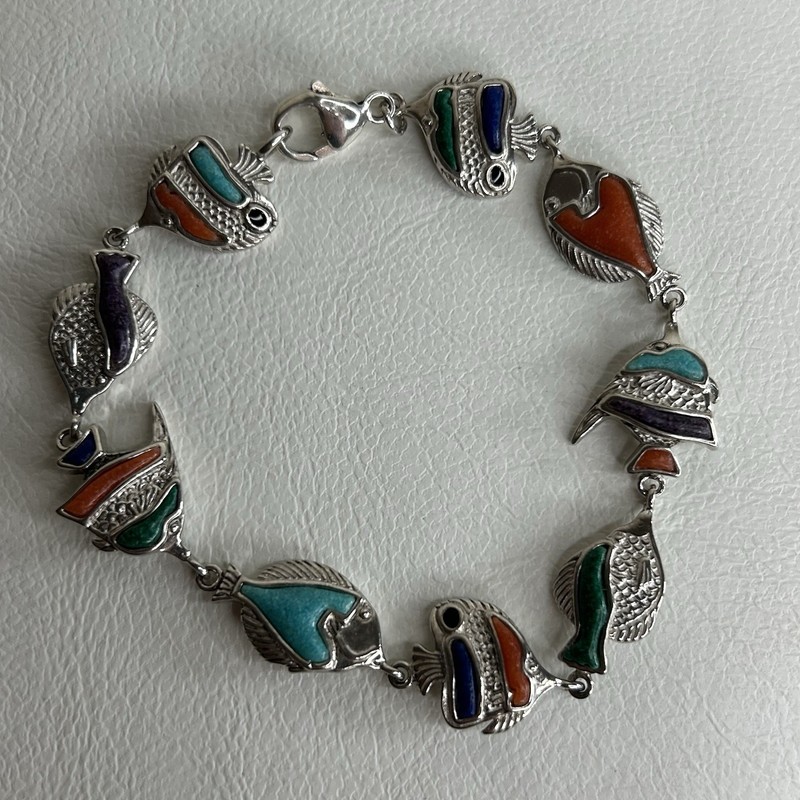 Coleman Co. Sterling Silver Bracelet Fish Link Inlaid Coral Lapis Lazuli 7" gallery