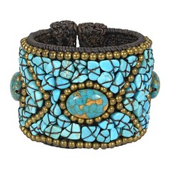 Boho Tribal Cotton Rope Blue Turquoise Stone Brass Wire Cuff Gemstone Bracelet