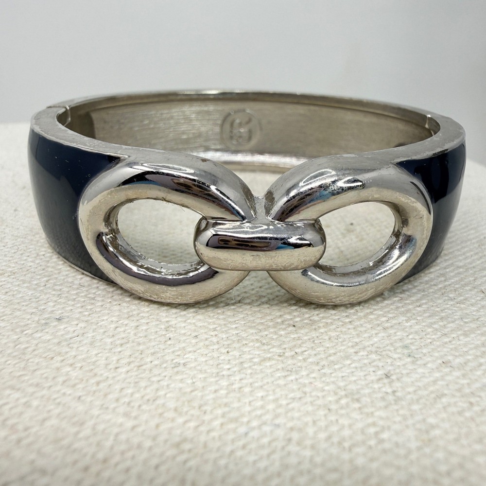 Banana Republic Navy Enamel Bracelet Silver Tone Interlocking Link Hinge Bangle